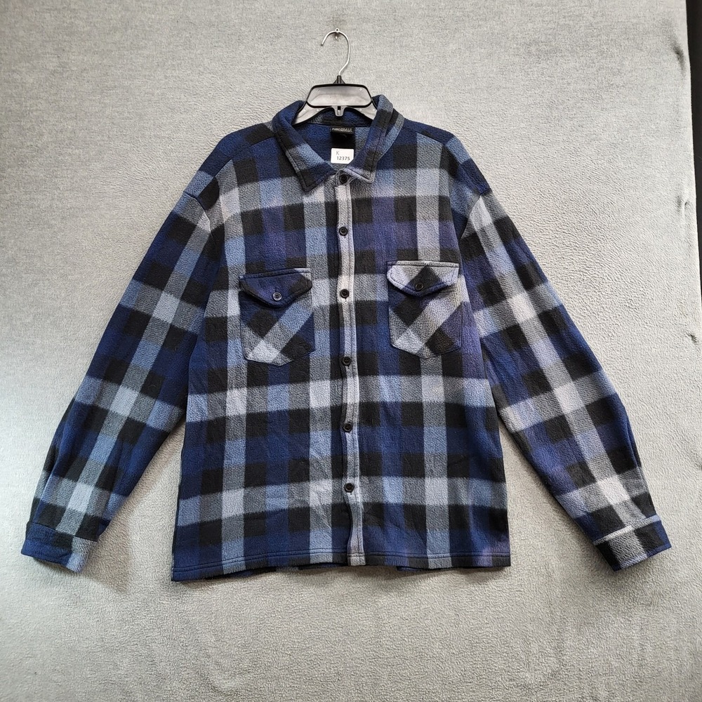 Original Deluxe Men Button Up Shirt XL Blue Plaid Fleece Shacket Long‎ Sleeve